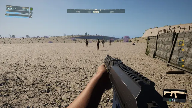 Zombies walk across the desert toward the player, who aims a rifle