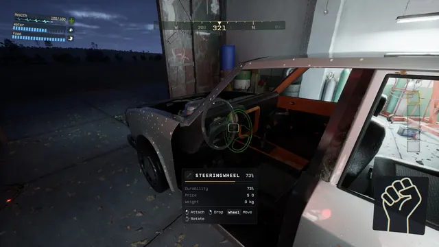 The player fits a steering wheel to a car in an abandoned garage