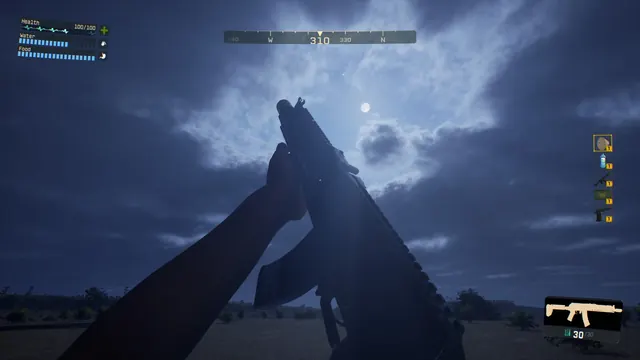 The player raises an assault rifle under a moonlit night sky