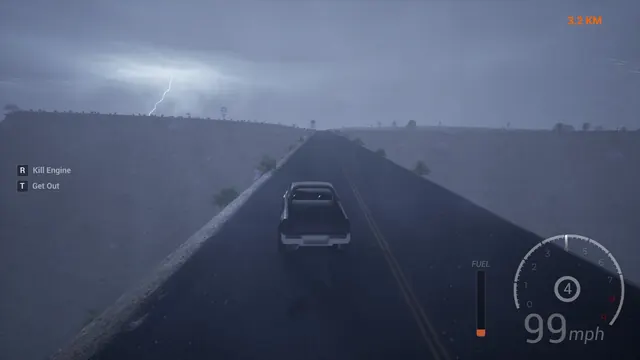 A pickup truck drives down an empty highway in a lightning storm